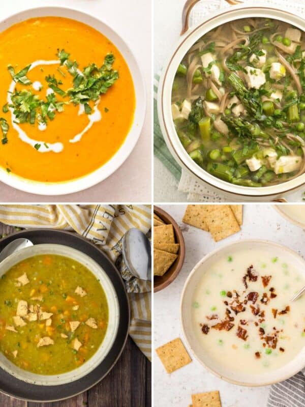 A collage of carrot soup, asparagus soup, pea soup, and cauliflower soup.