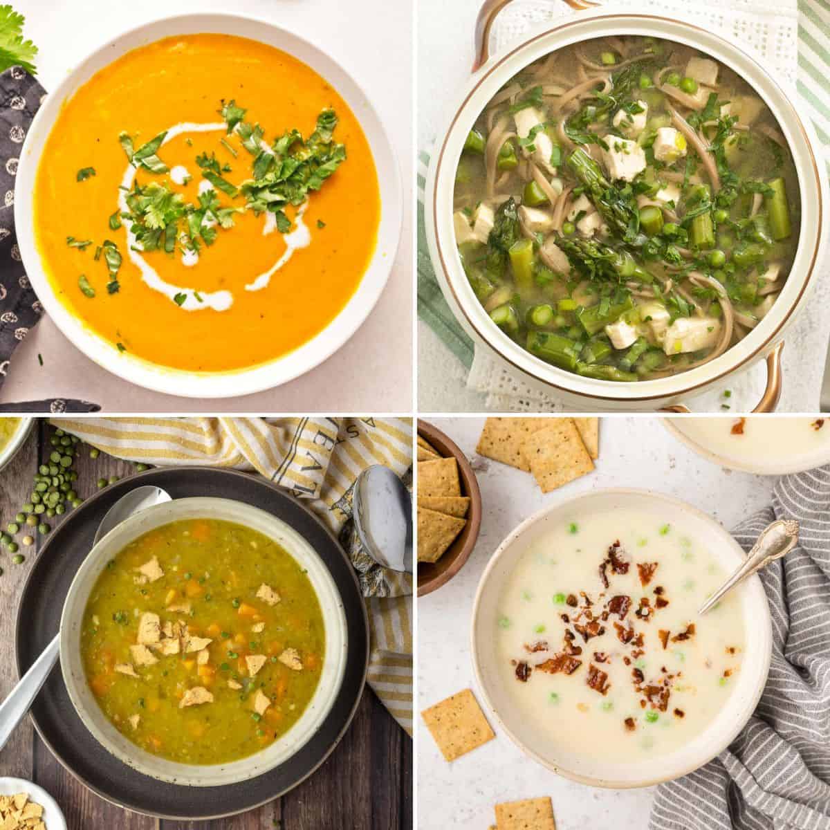 A collage of carrot soup, asparagus soup, pea soup, and cauliflower soup.