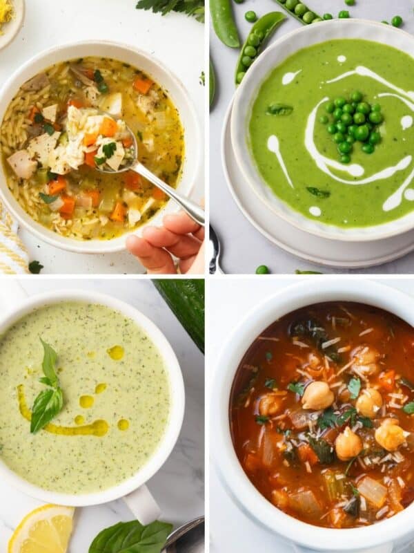 A collage of four different spring soup recipes.