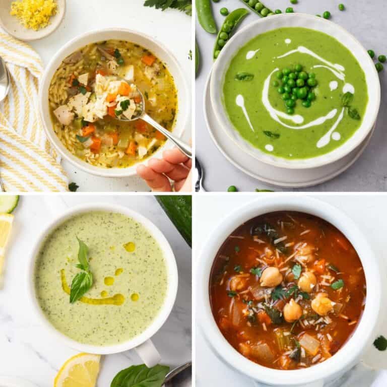 A collage of four different spring soup recipes.
