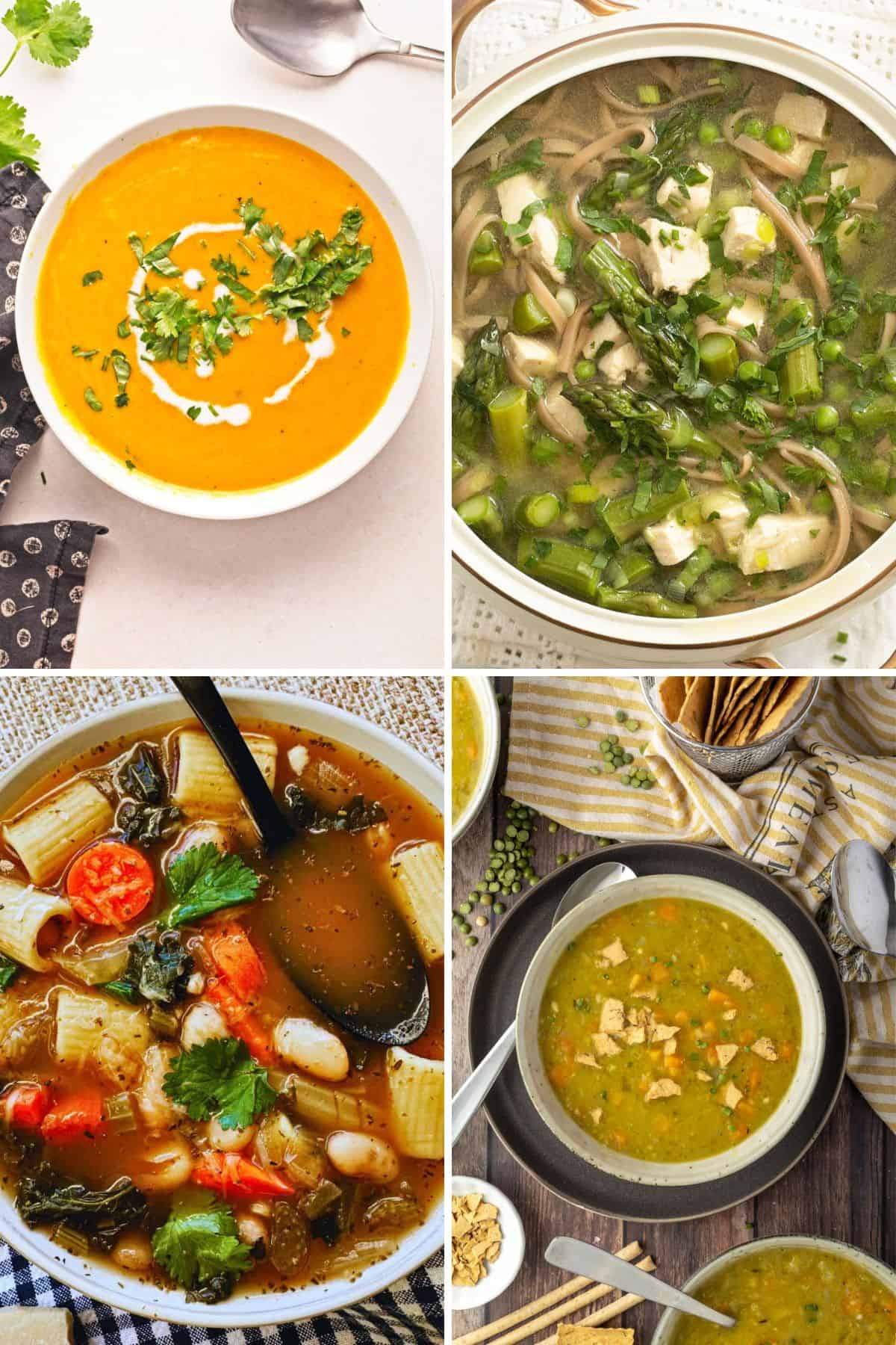 A collage of four different spring soup recipes.
