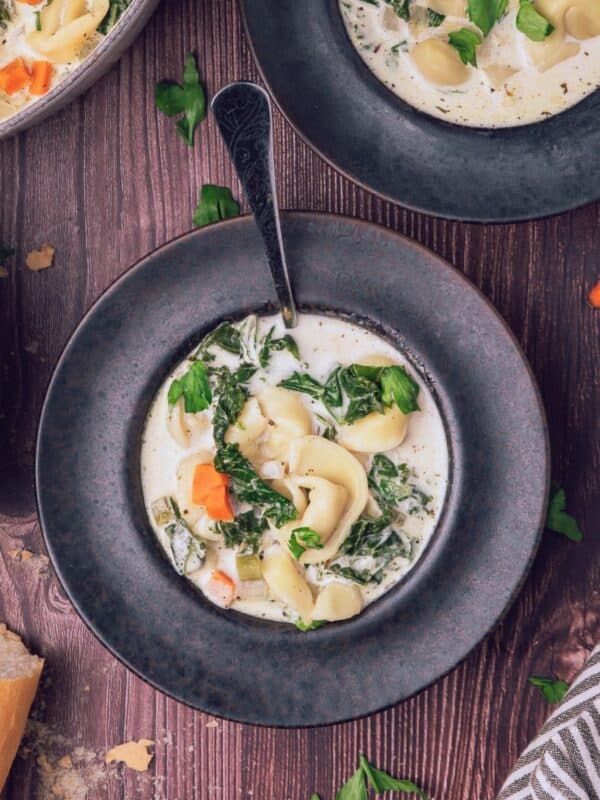 A dark bowl with vegetarian tortellini soup in it and a spoon resting on the side of the bowl.