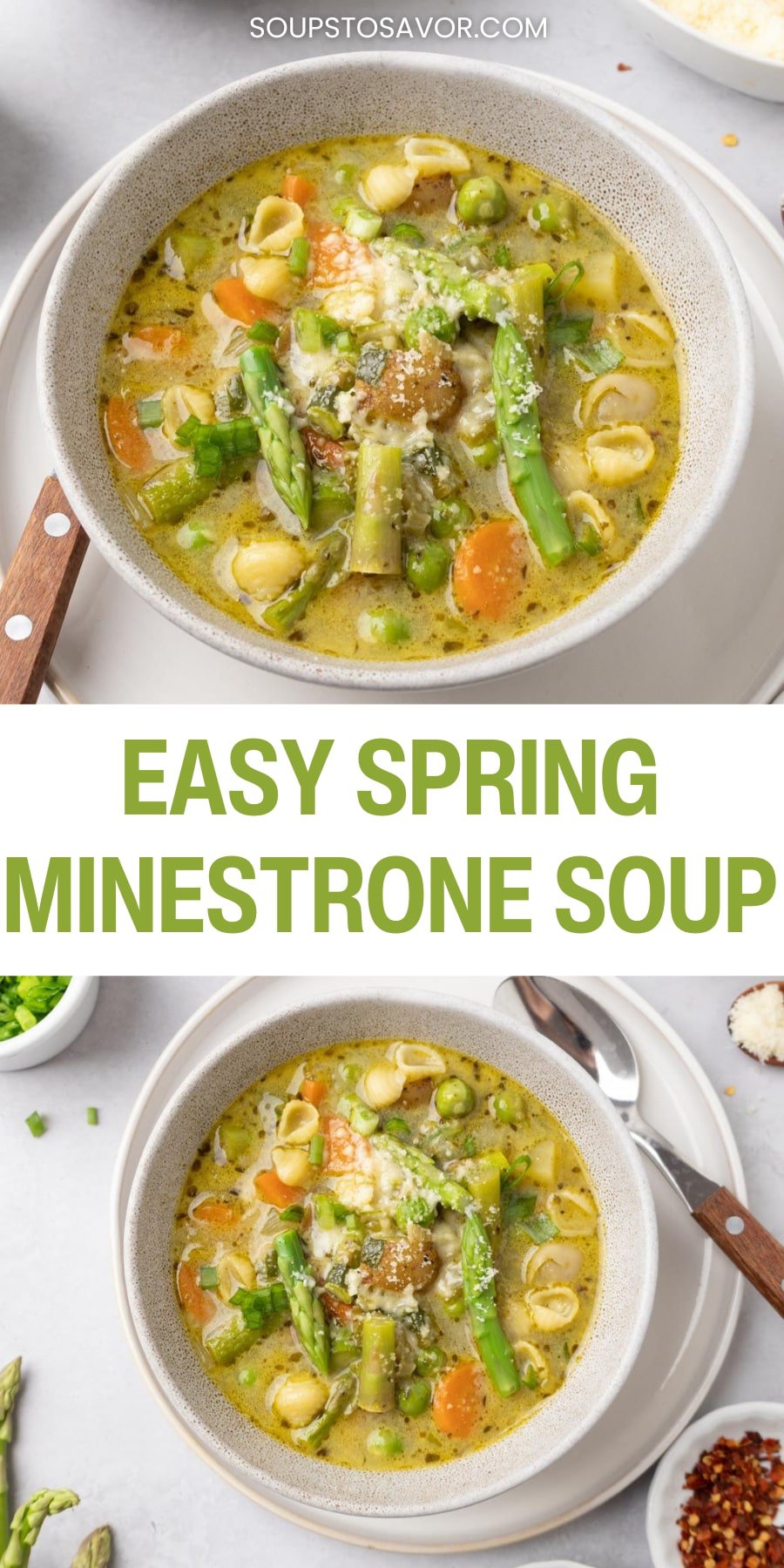 Pin for pinterest graphic with images of spring minestrone soup and text on top.