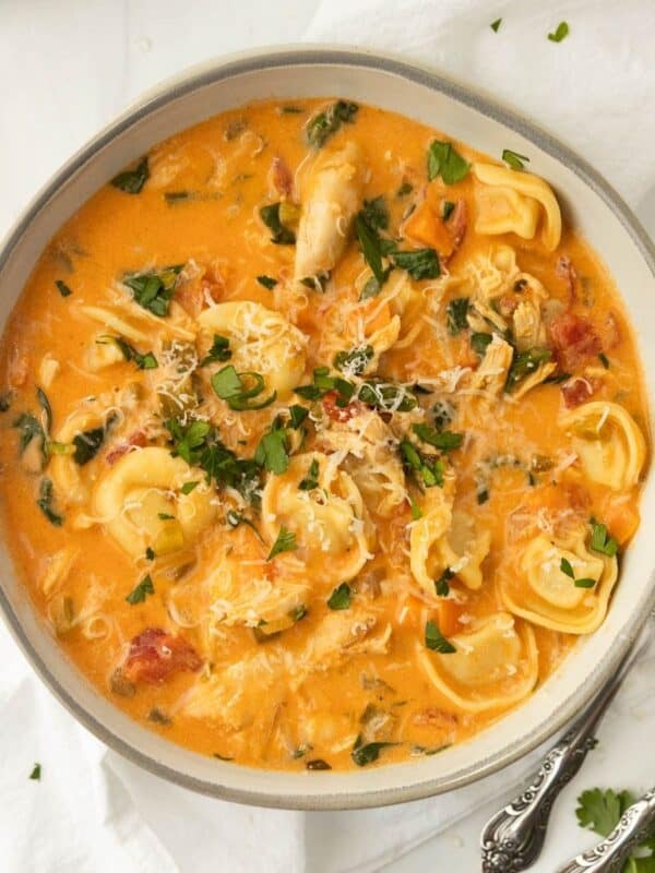 A bowl of creamy chicken tortellini soup with a spoon to the side.