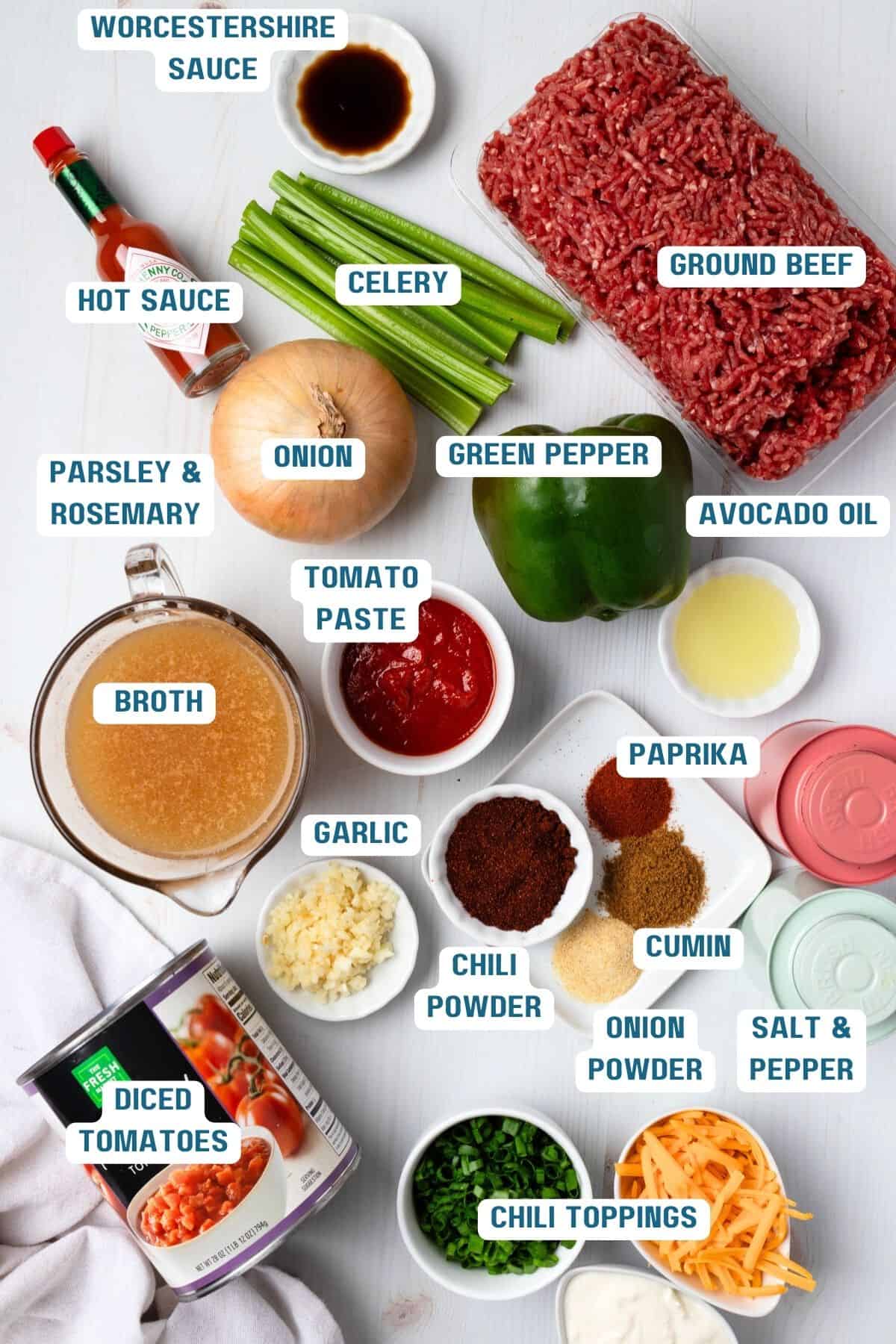 Ingredients to make beef chili without beans on a table with labels.
