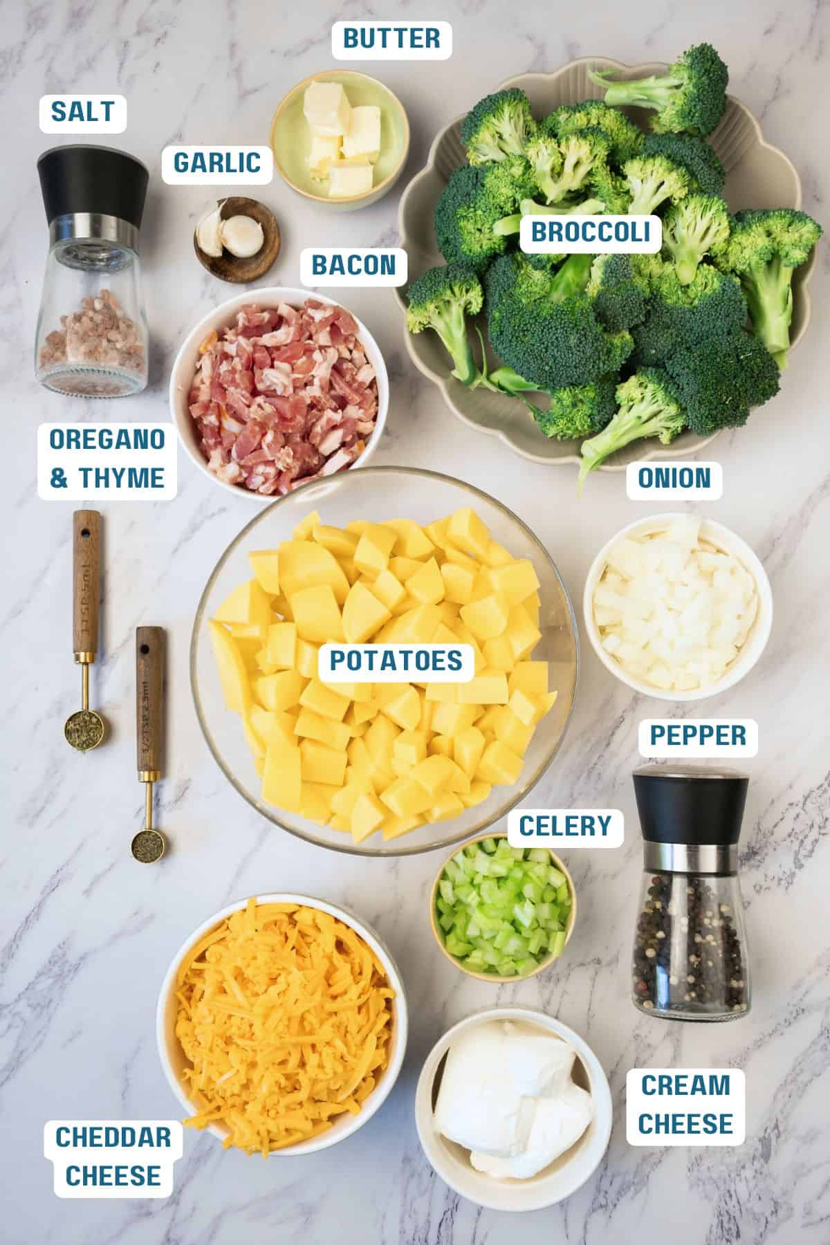 Ingredients to make potato broccoli cheese soup on the table in bowls.