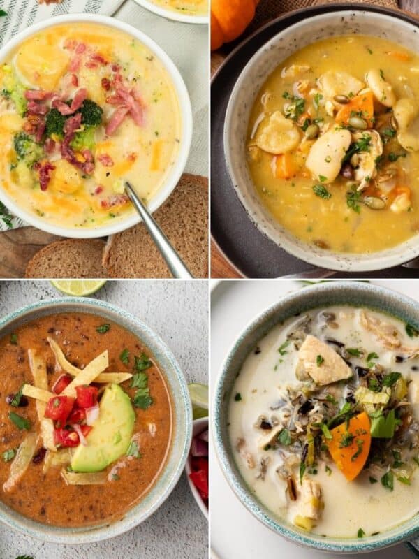 A collage of four fall soup recipes including a potato soup, bean soup, turkey rice soup, and pumpkin soup.