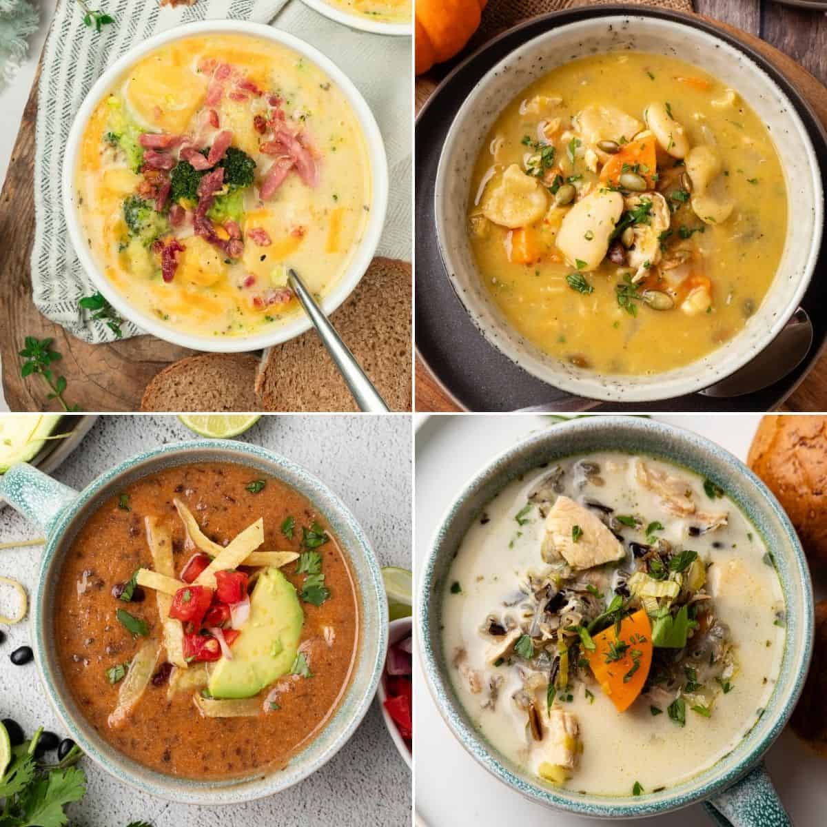 A collage of four fall soup recipes including a potato soup, bean soup, turkey rice soup, and pumpkin soup.