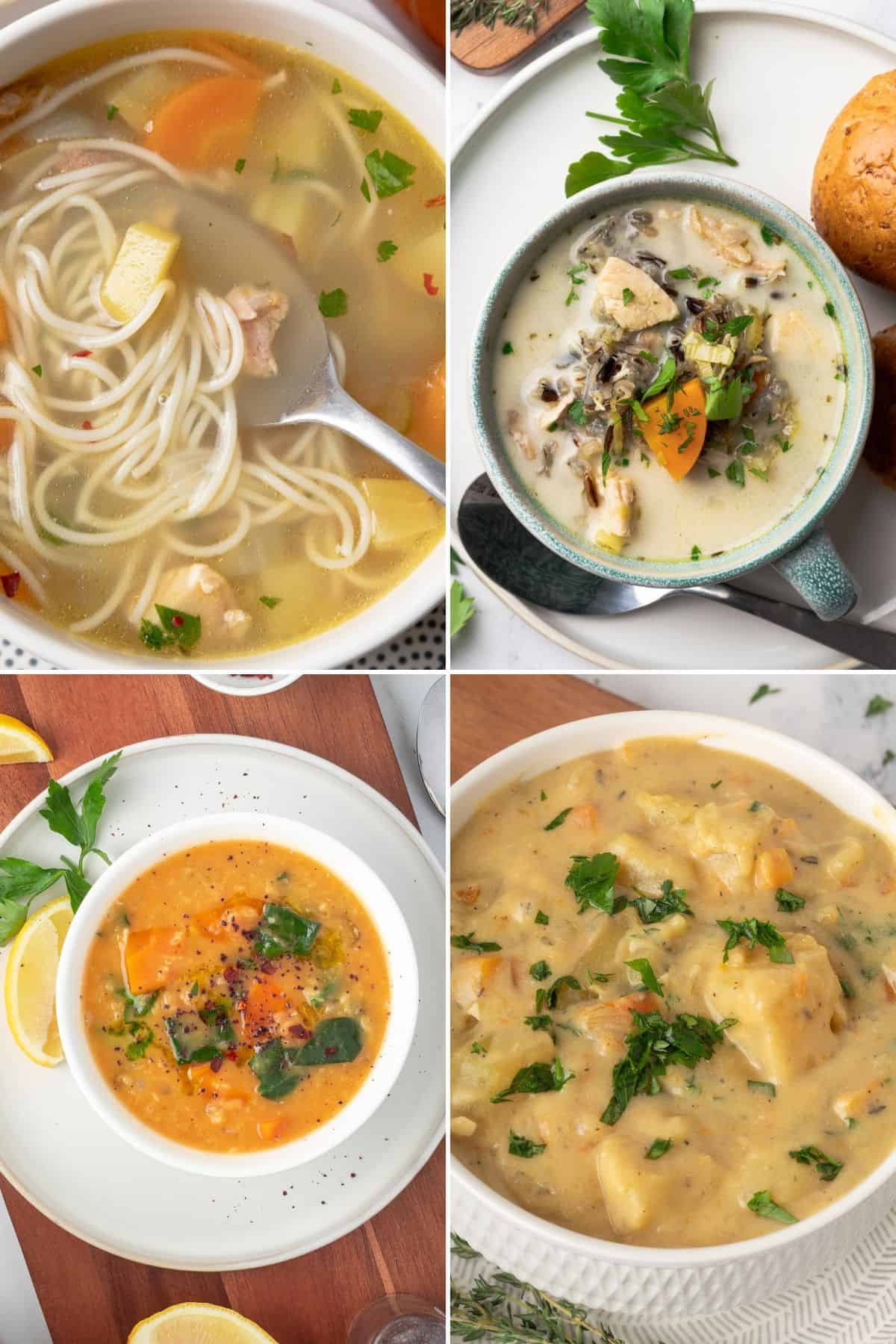 A collage of autumn soup recipes including soups made with leftover turkey, red lentil soup, and potato soup.