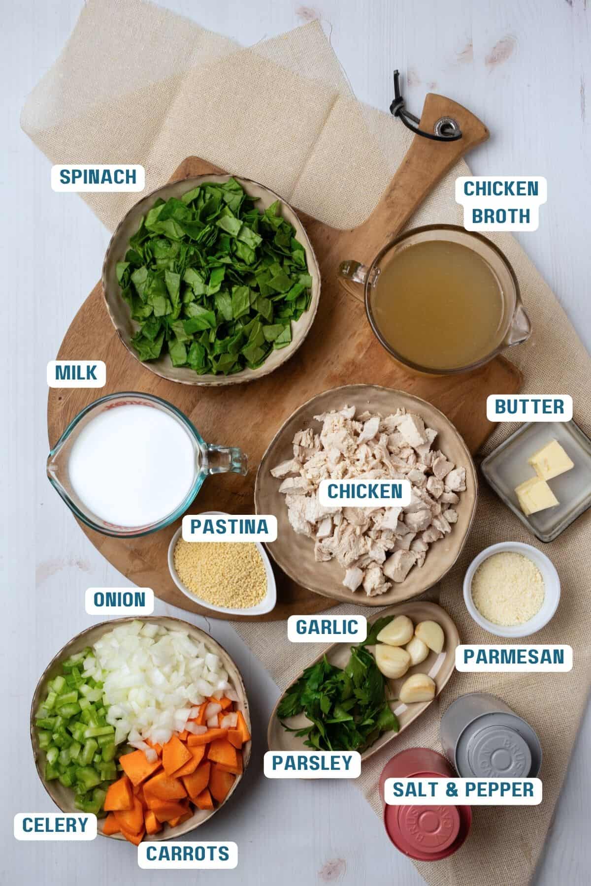 Ingredients to make chicken pastina soup on the table. 