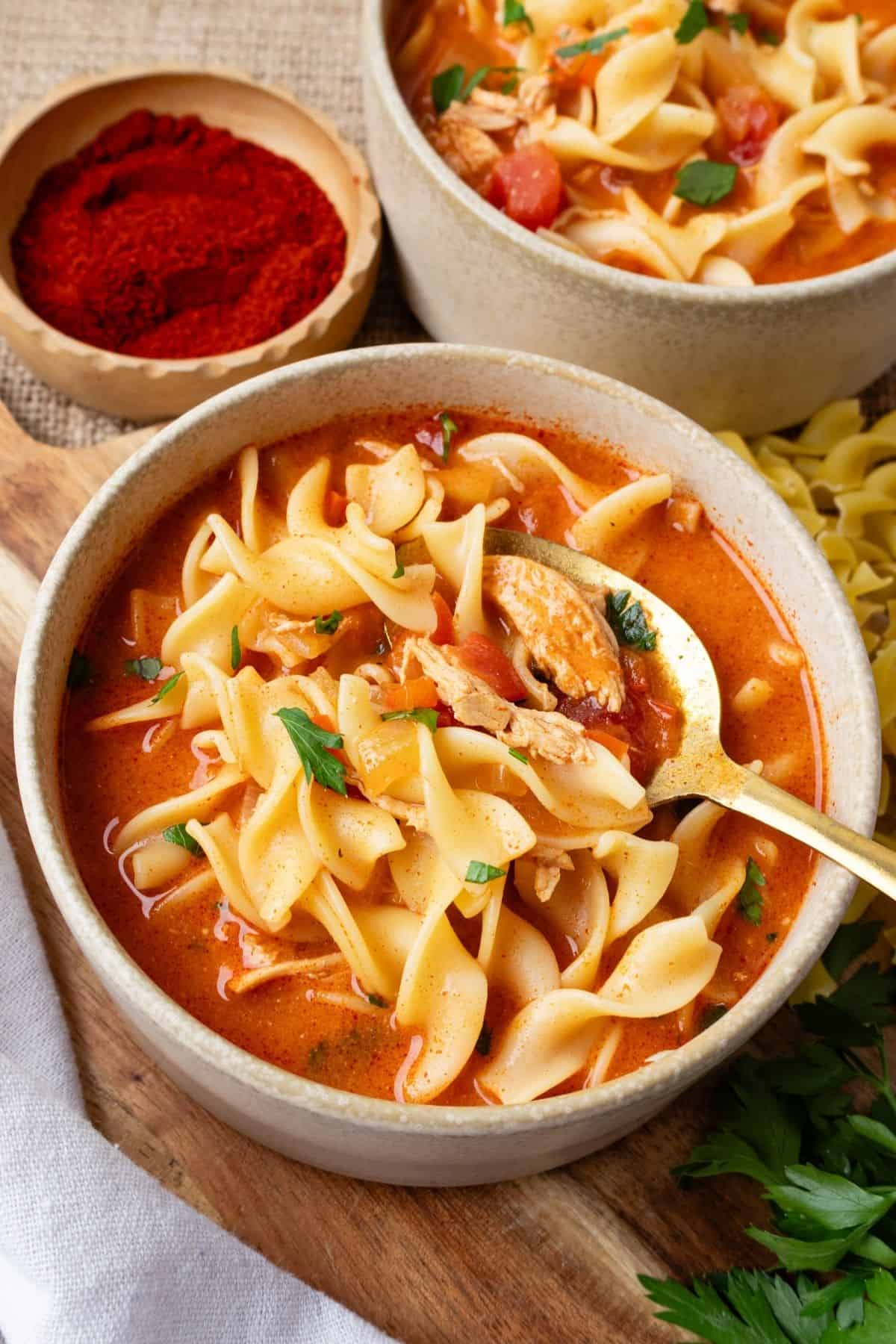A spoon lifting up a bite of chicken paprikash soup.