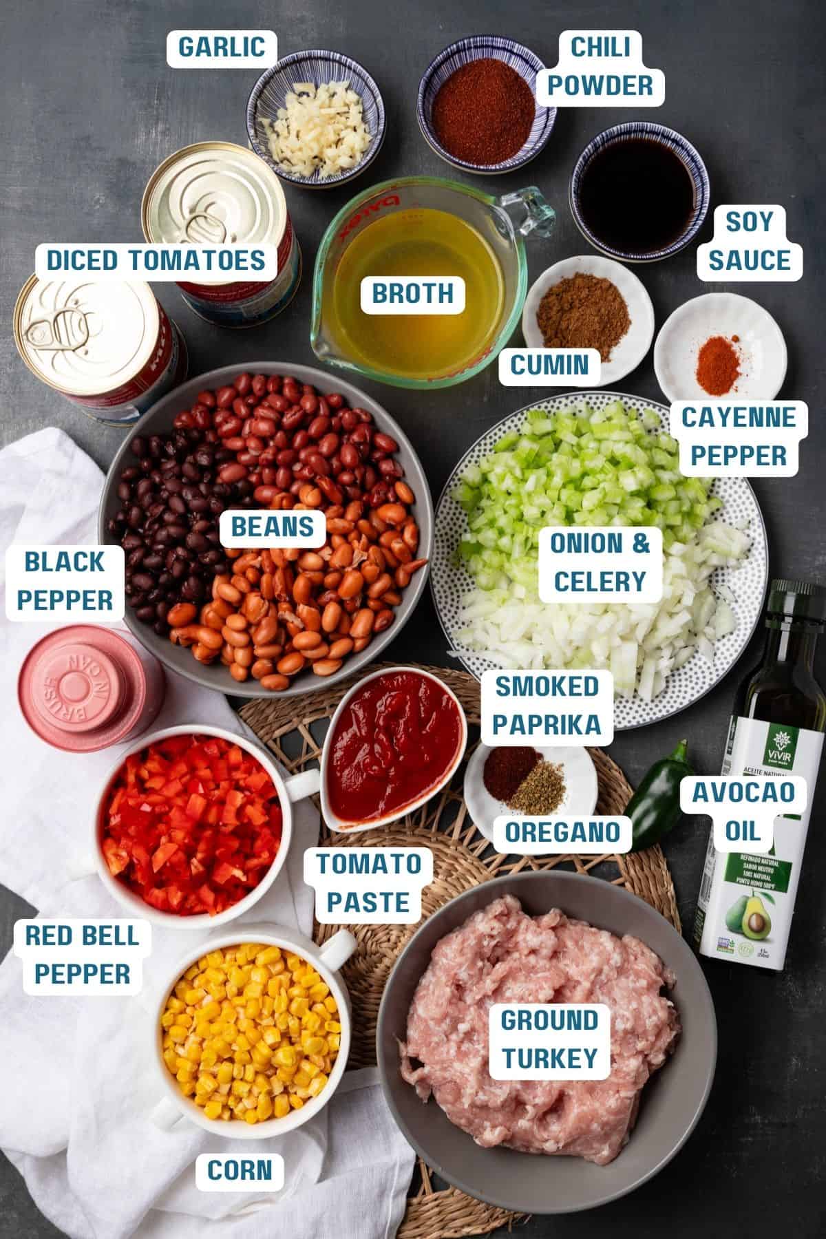 Ingredients to make turkey chili in the instant pot on a table labeled with names.