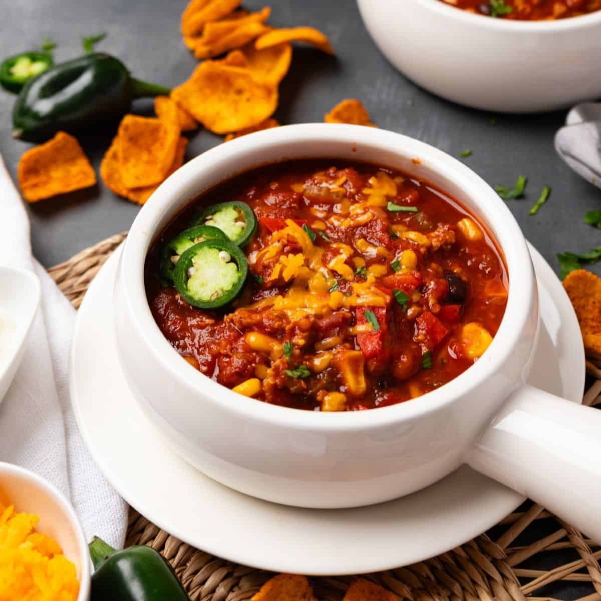 A bowl of Instant Pot turkey chili sitting on a plate.