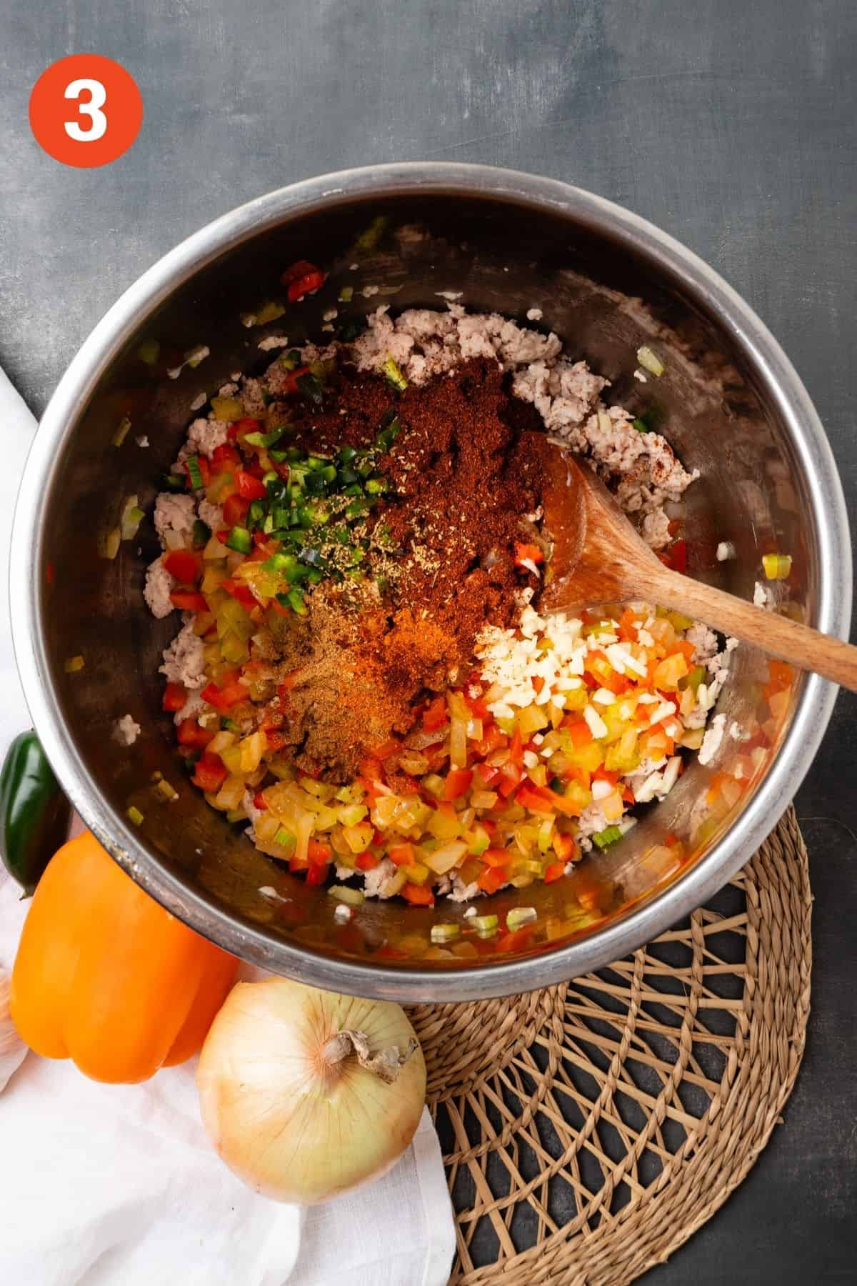 Spices added to the meat and vegetables.