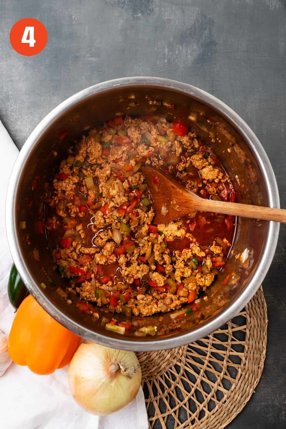 Turkey and vegetables cooked with spices.