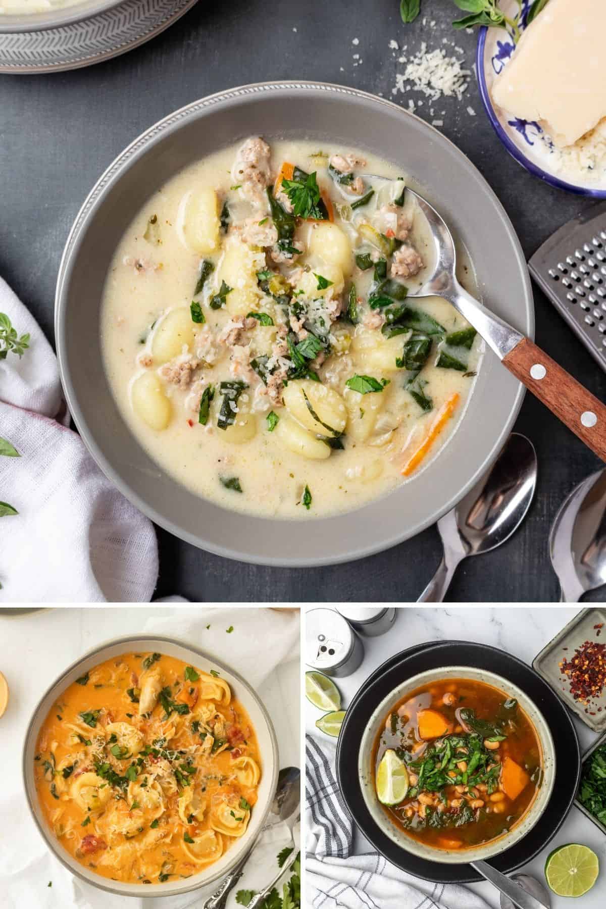 A collage of winter soups including a sausage gnocchi soup, chicken tortellini, and navy bean soup.