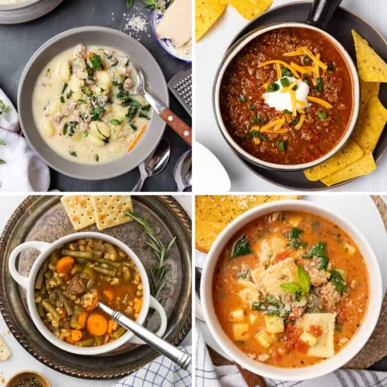 A collage of four soup recipes including a sausage gnocchi soup, beef chili, beef barley, and tortellini soup.