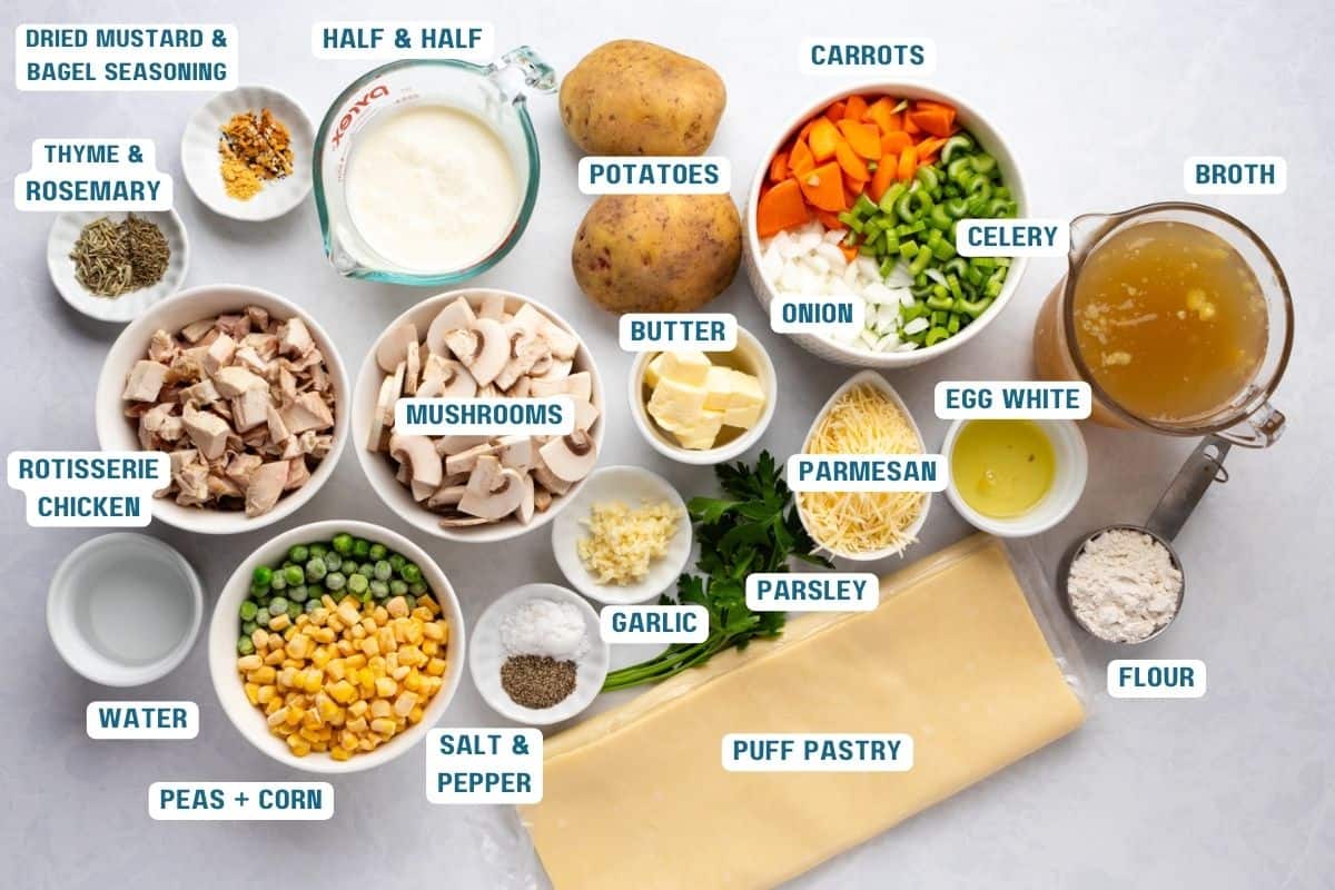 Ingredients to make chicken pot pie soup on a table.