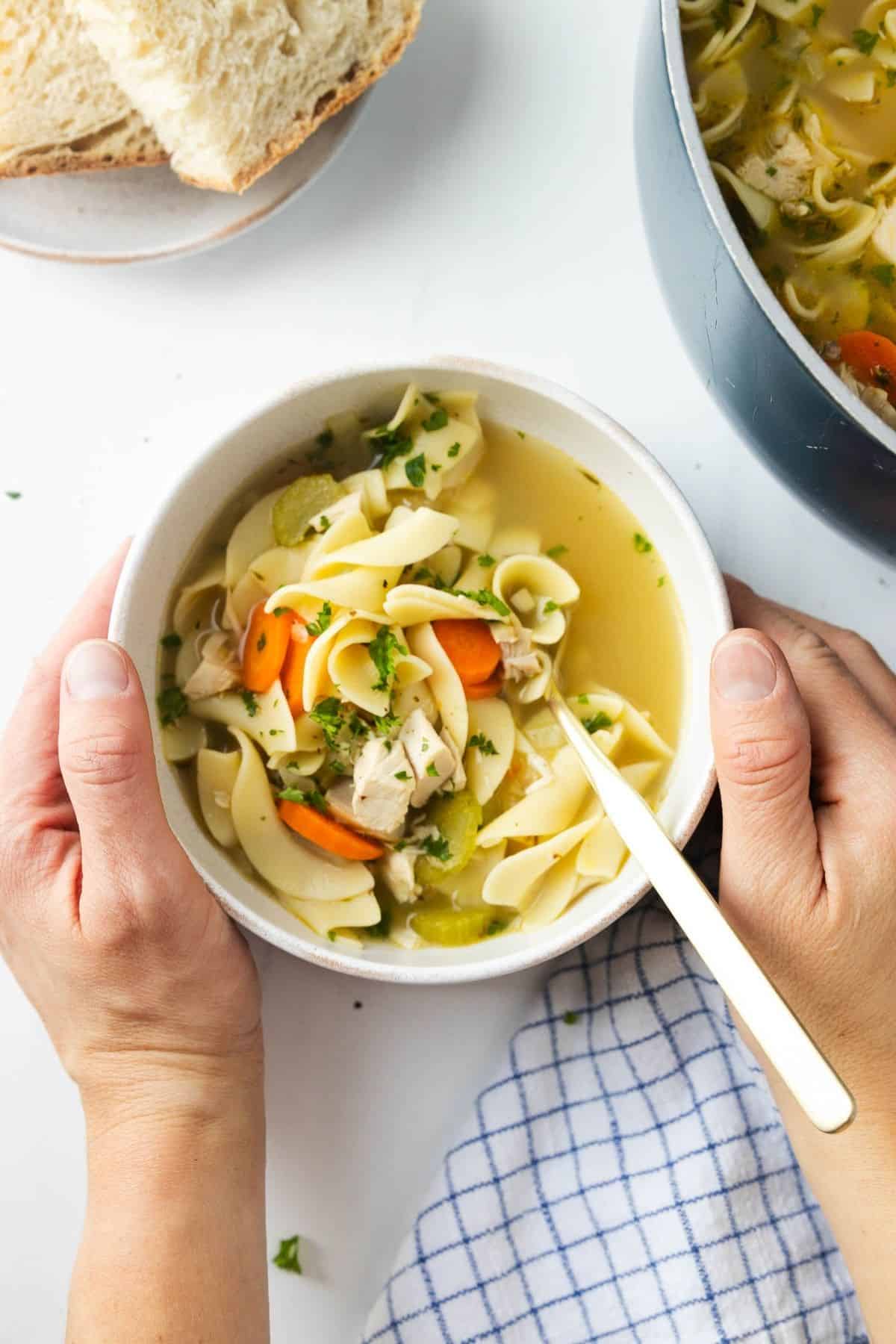 Hands holding the edges of a bowl of Panera chicken noodle soup.