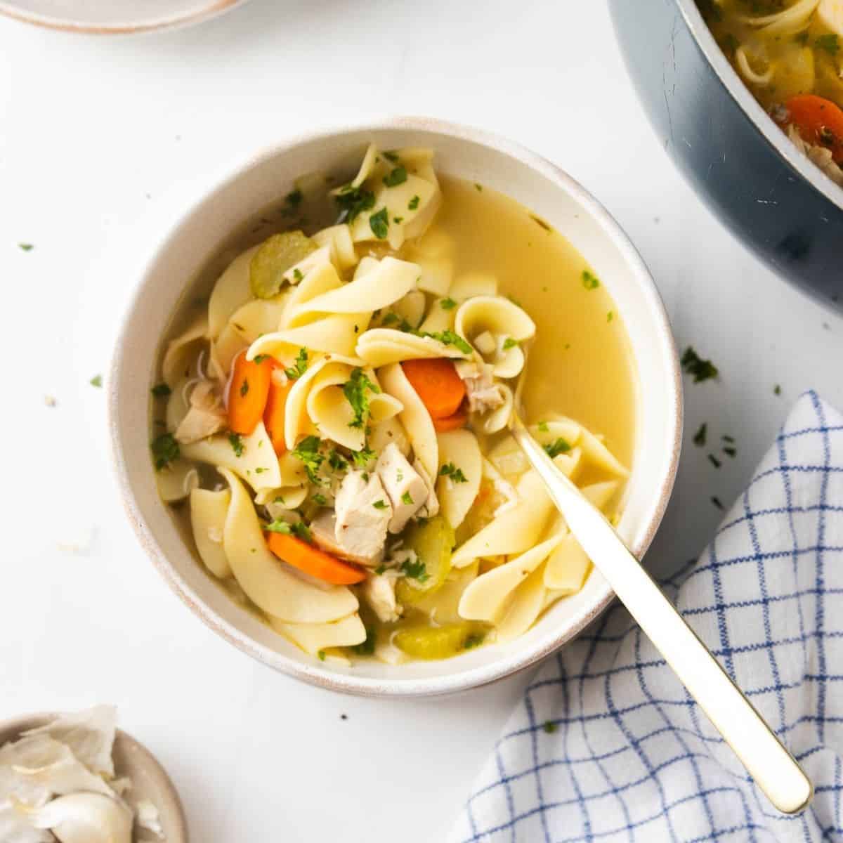A bowl of Panera Bread chicken noodle soup with a spoon resting in the bowl.