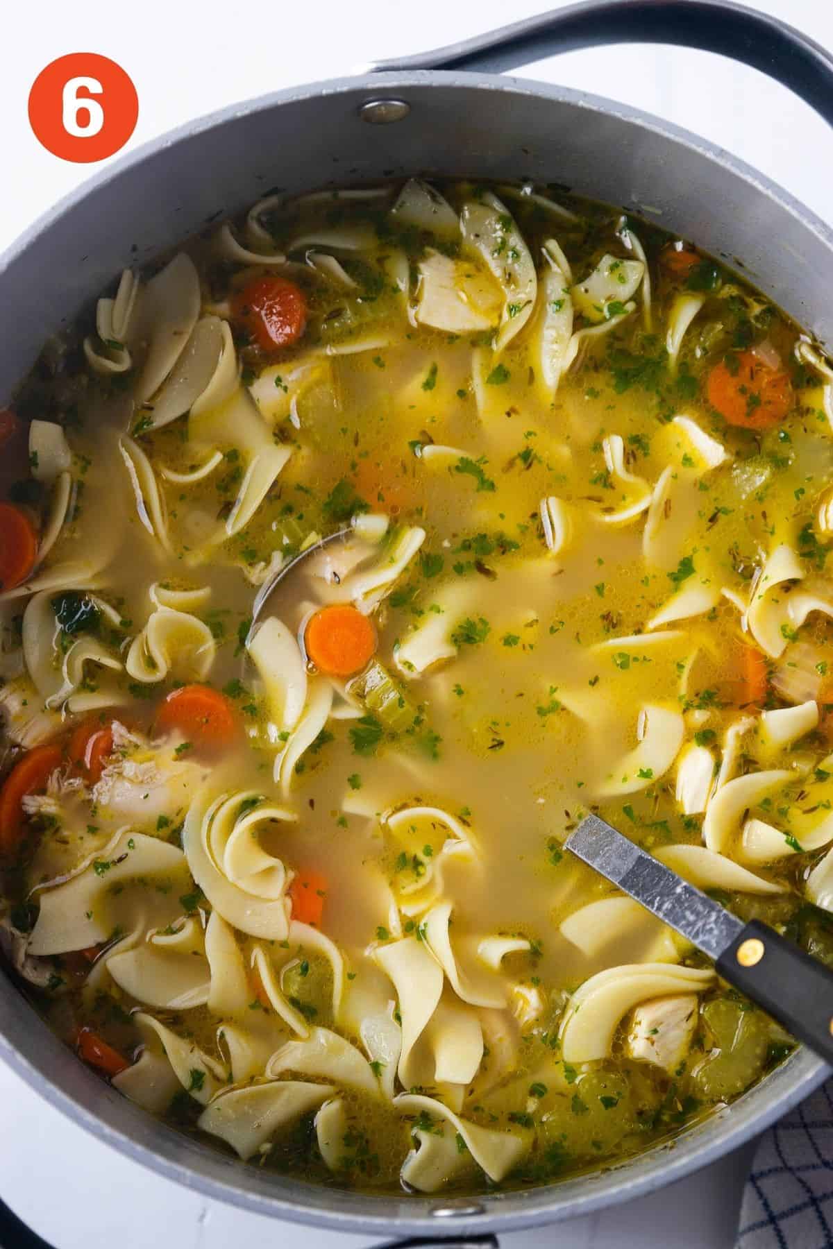 Copycat Panera Bread chicken noodle soup in the pot.