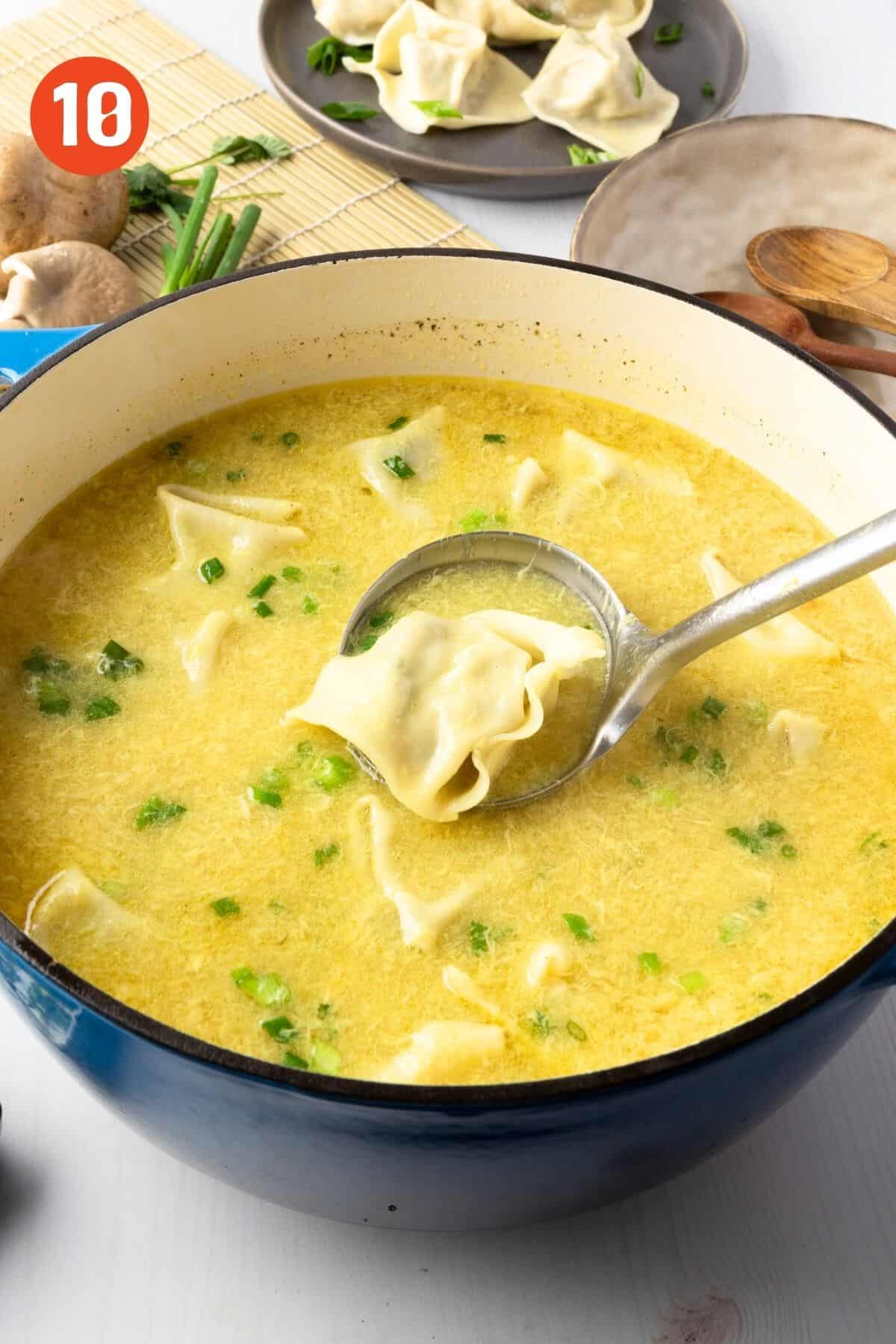 Wontons added back into the wonton egg drop soup.