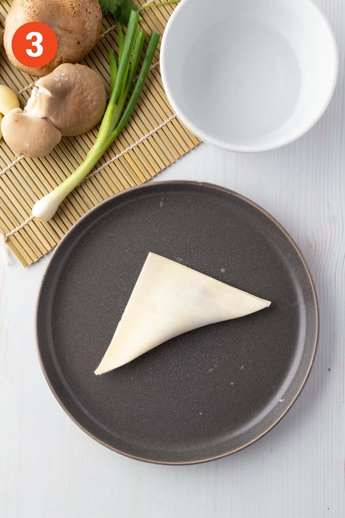 Wonton folded over to enclose the filling.