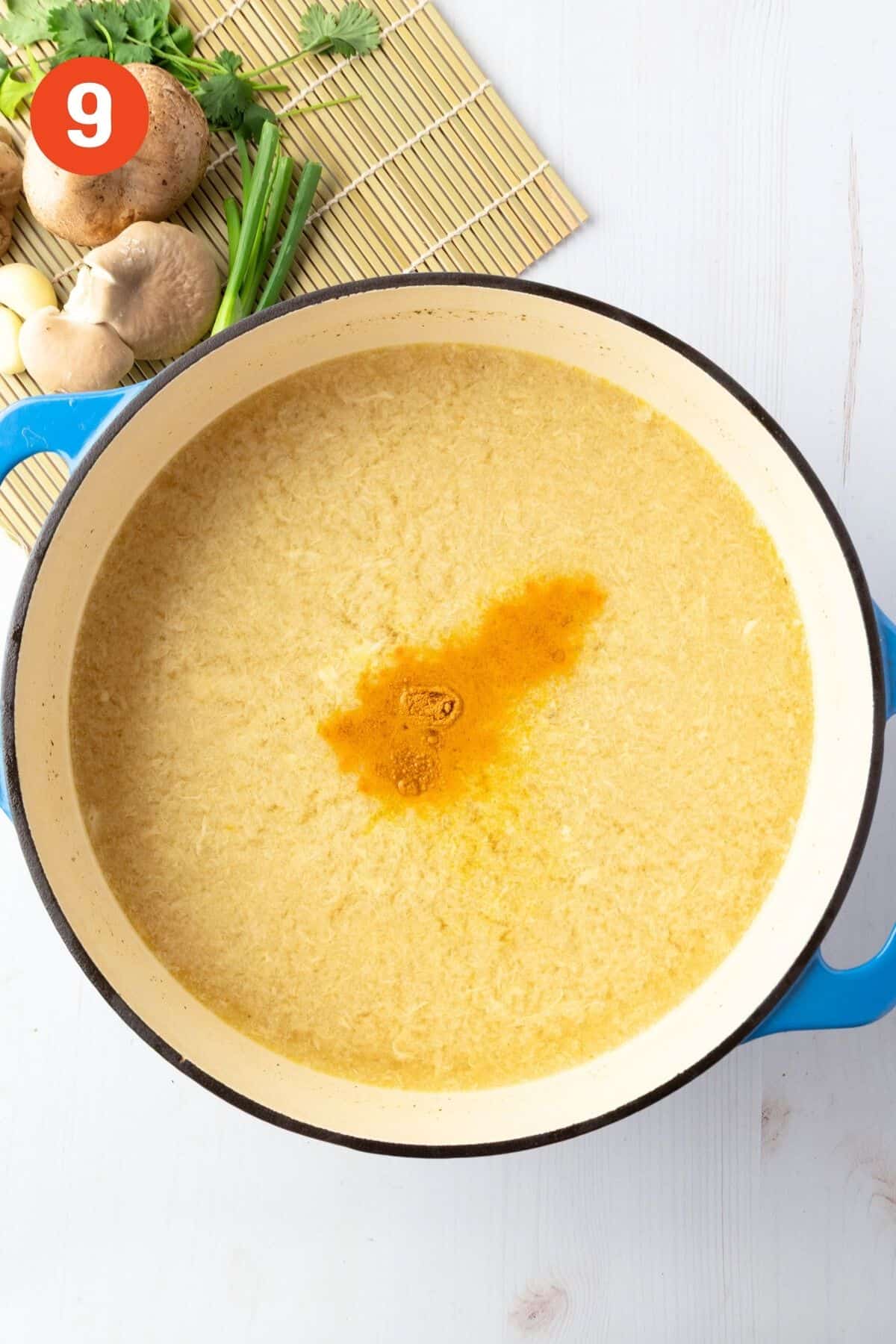 Eggs added to the broth and then the turmeric added.