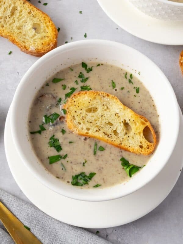 Mushroom brie soup in a bowl.