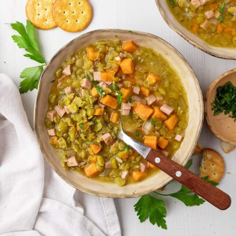 Slow cooker split pea soup with ham and sweet potatoes.