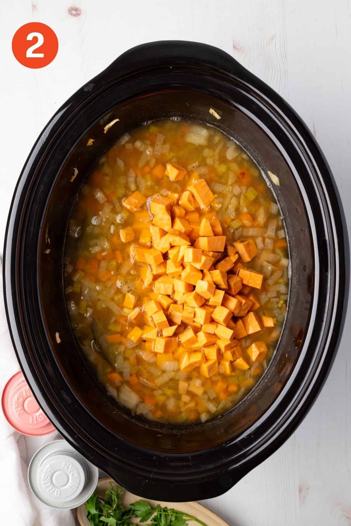 Sweet potatoes added to the soup.