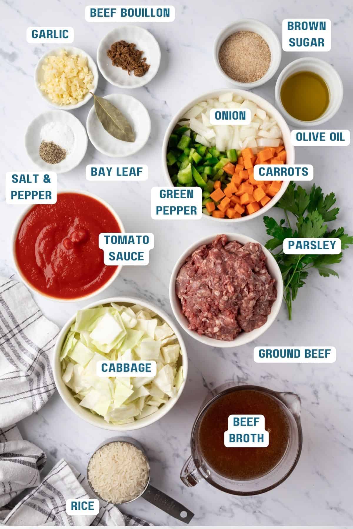 Ingredients to make cabbage roll soup in bowls.