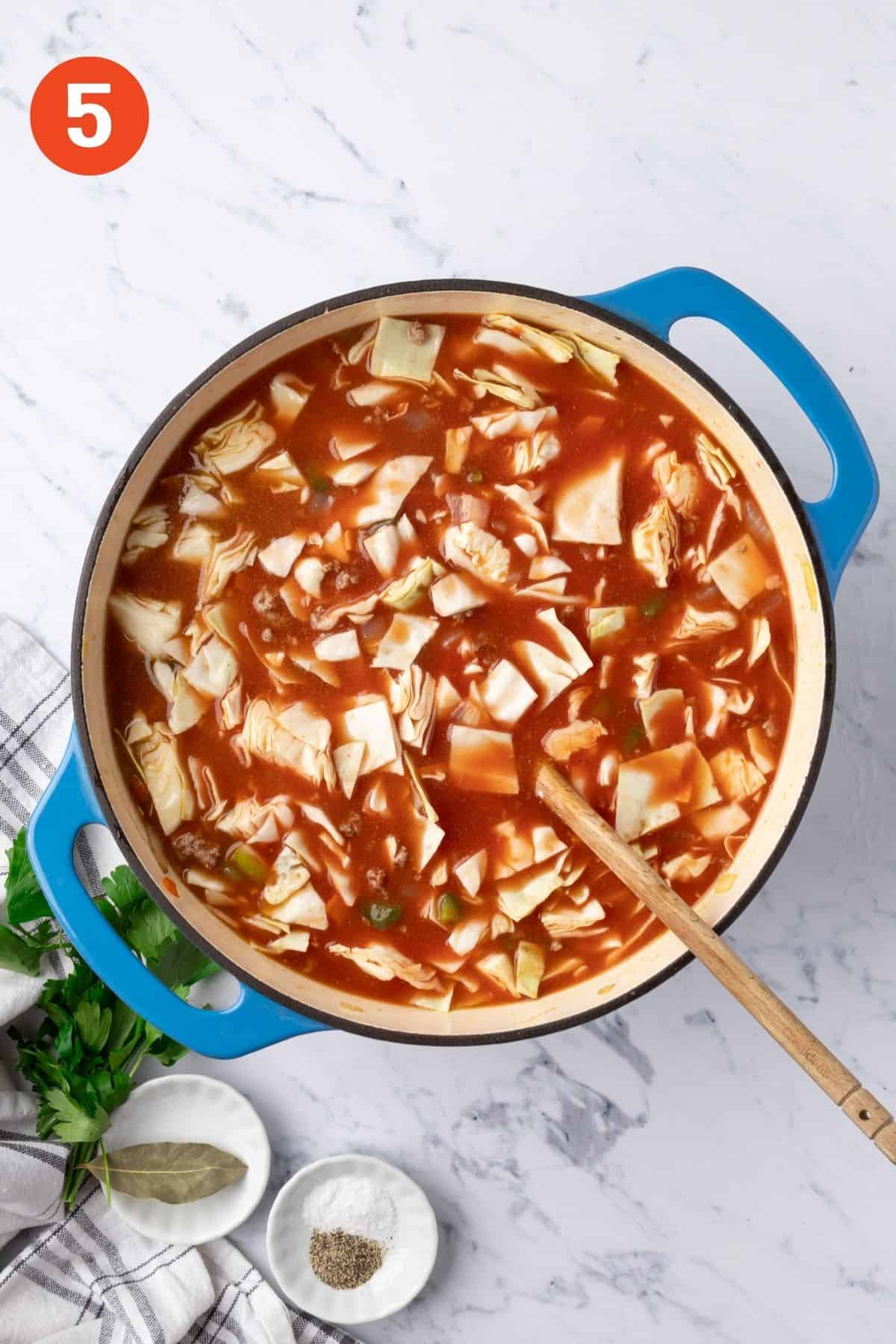 Cabbage Roll Soup stirred together and ready to cook.