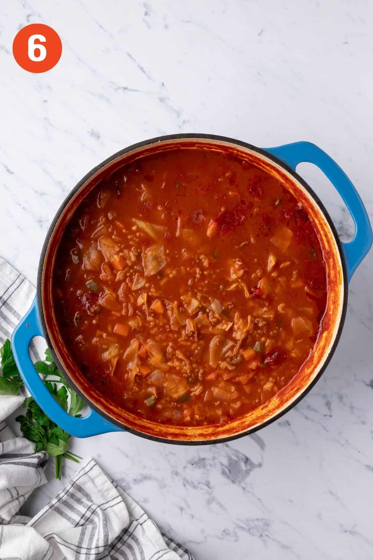 Cabbage and ground beef soup after cooking.