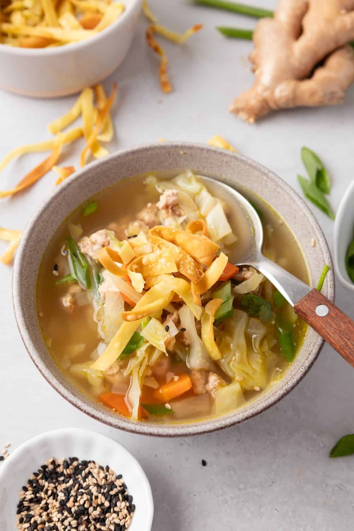 Egg roll soup with some wonton strips on top.