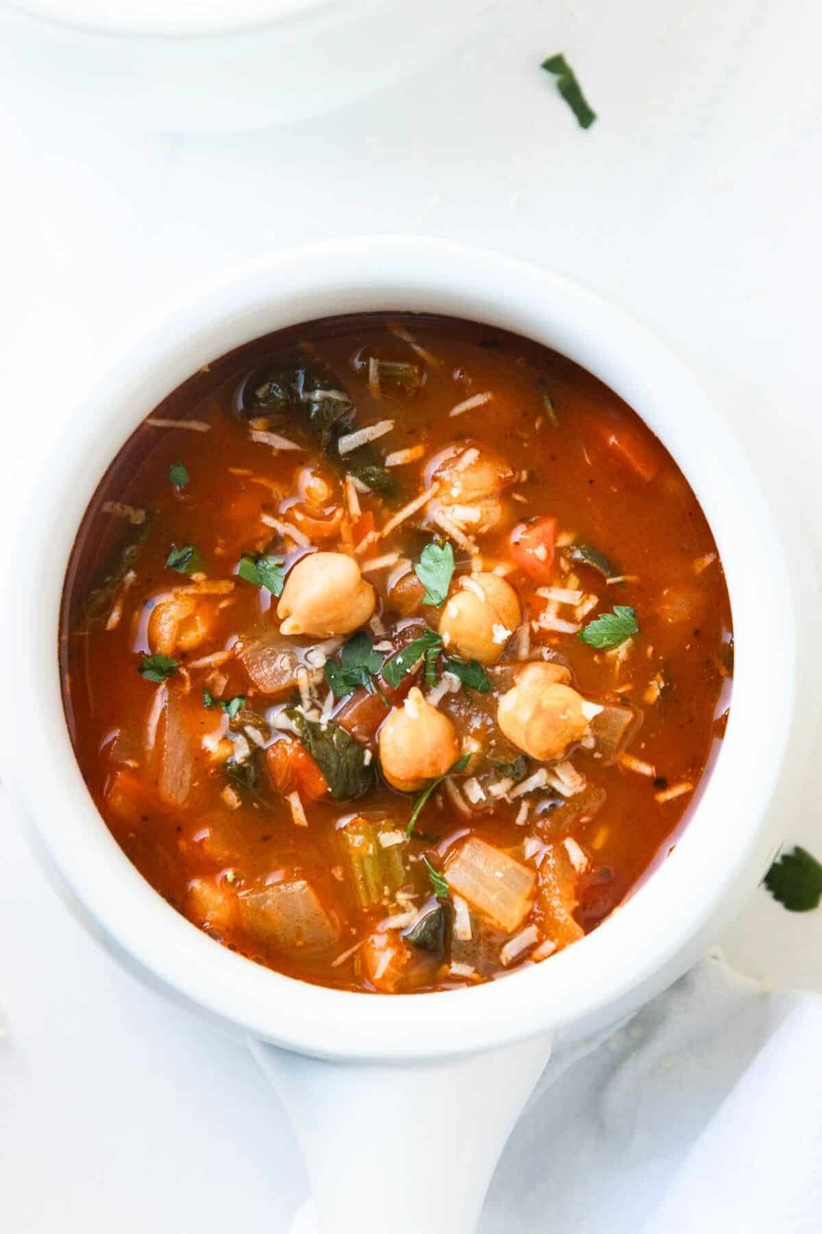 A bowl of Mediterranean chickpea soup.
