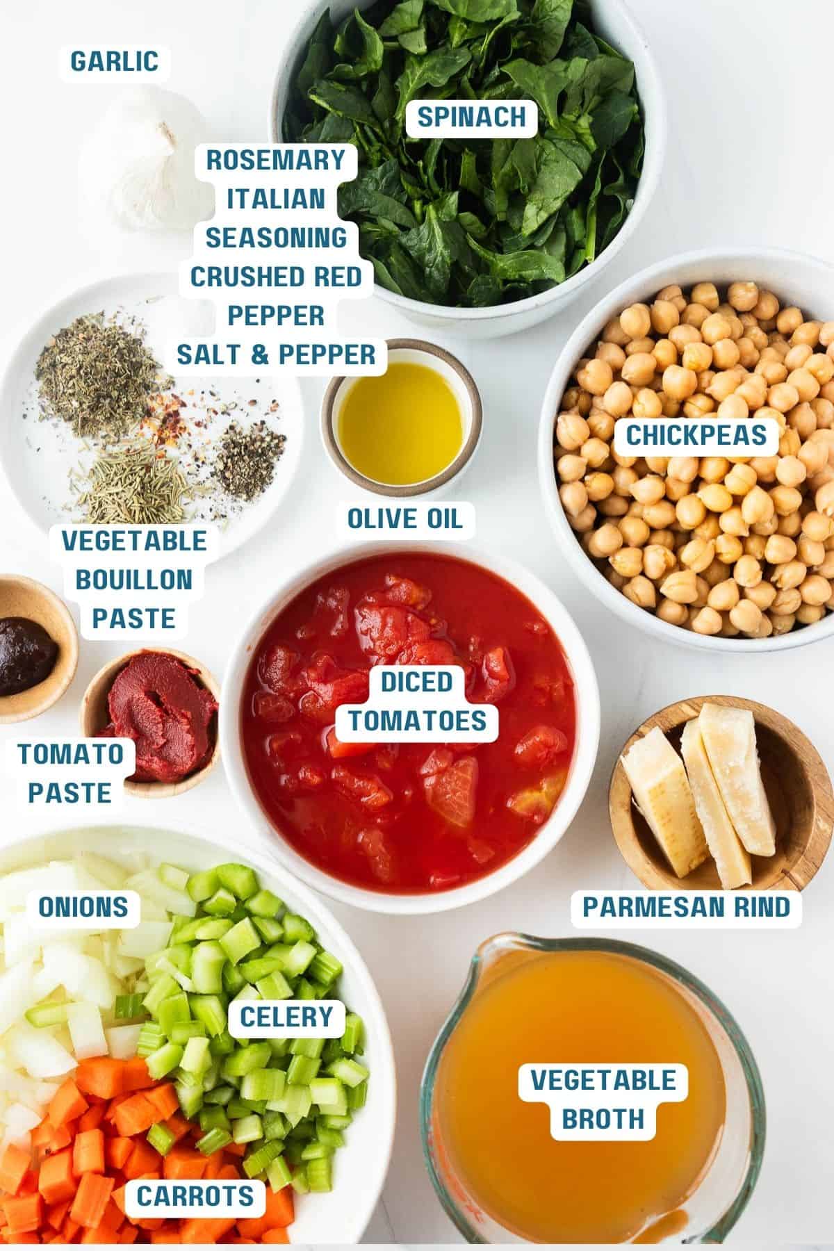 Ingredients to make this soup in bowls on a table.