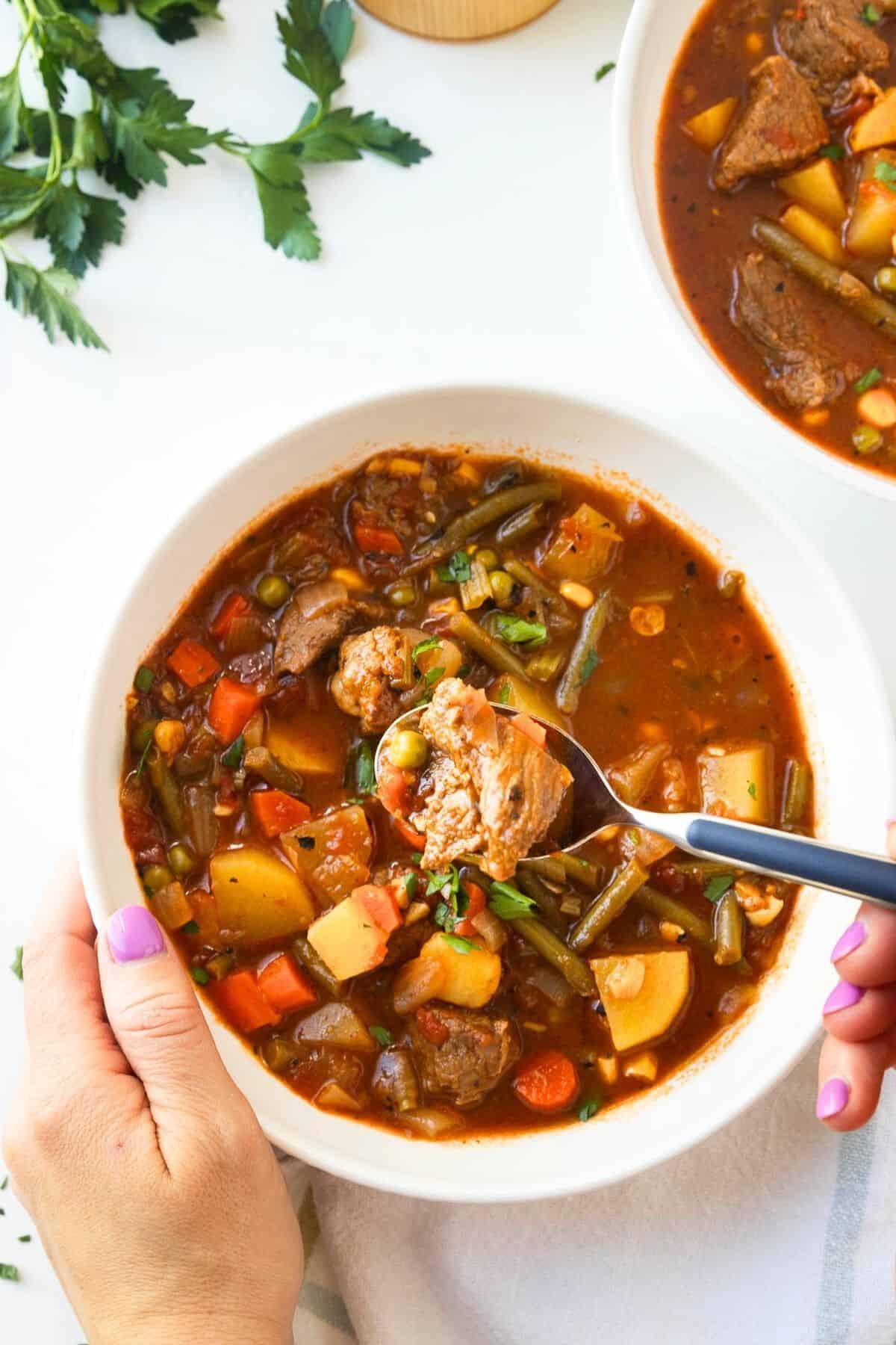 A spoon lifting up some vegetable beef stew.
