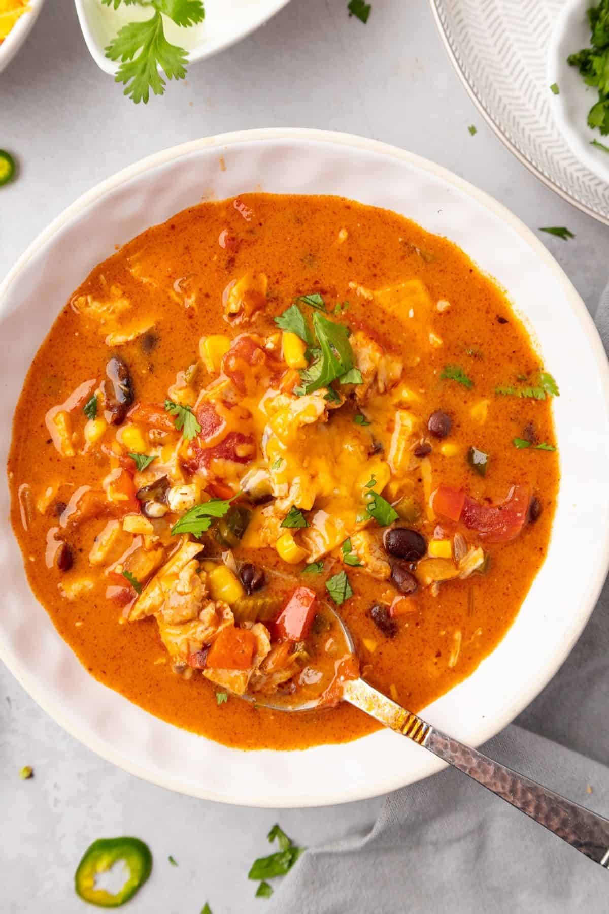 A spoon picking up some cheesy chicken enchilada soup.