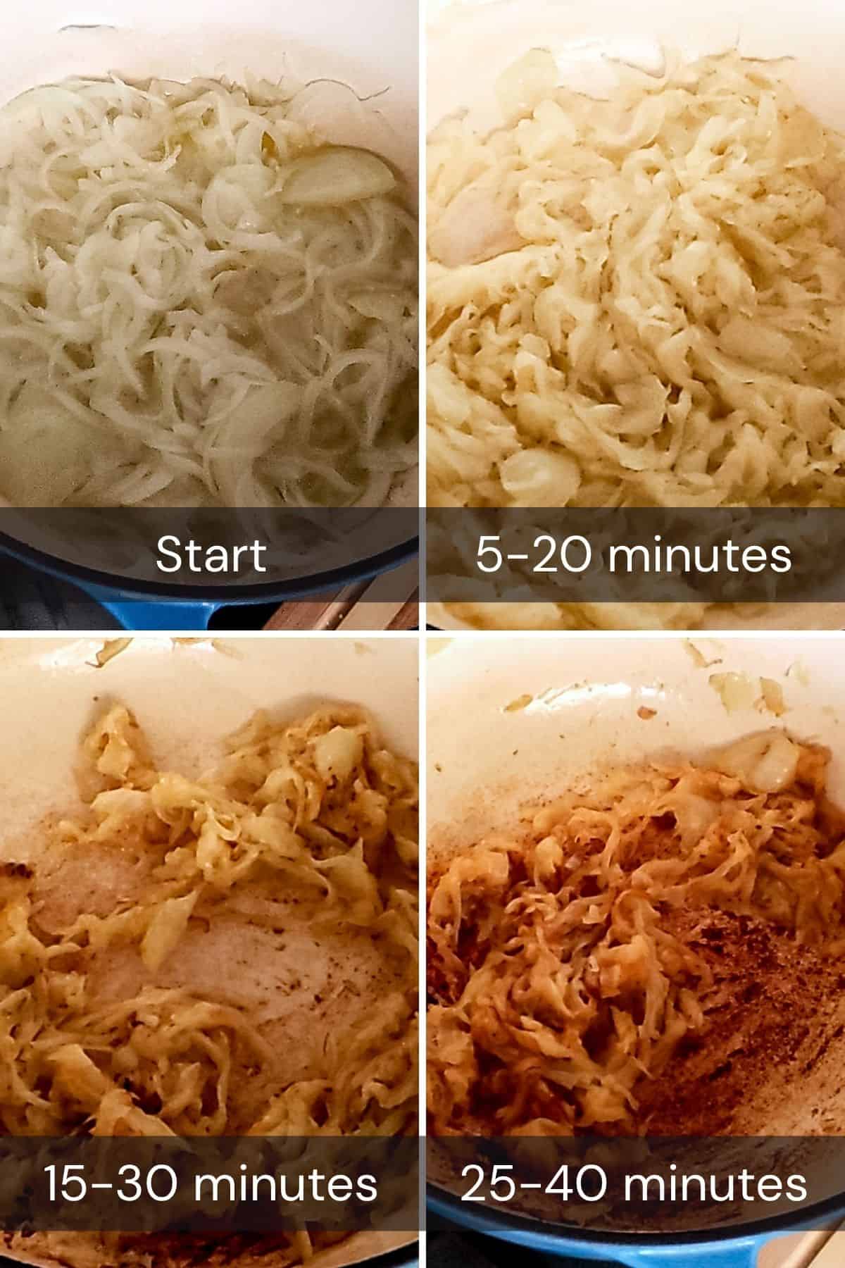 A collage of four images showing four main stages of caramelized onions.