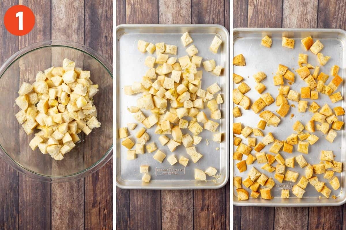 A collage showing the croutons in a bowl, on a pan, and after baking on the pan.