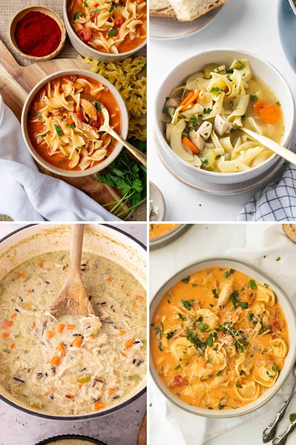 A collage of four different bowls of rotisserie chicken soup.