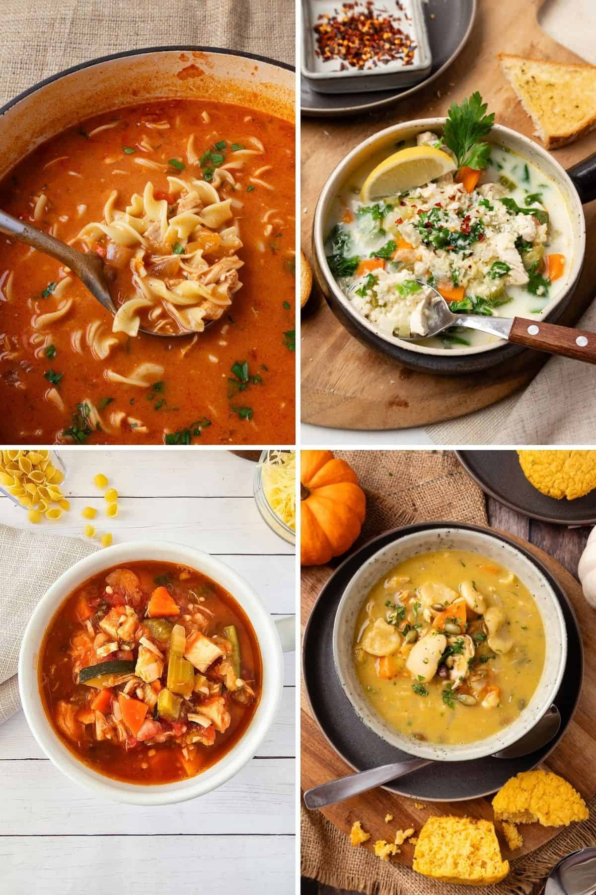 A collage of four soup recipes using rotisserie chicken. 