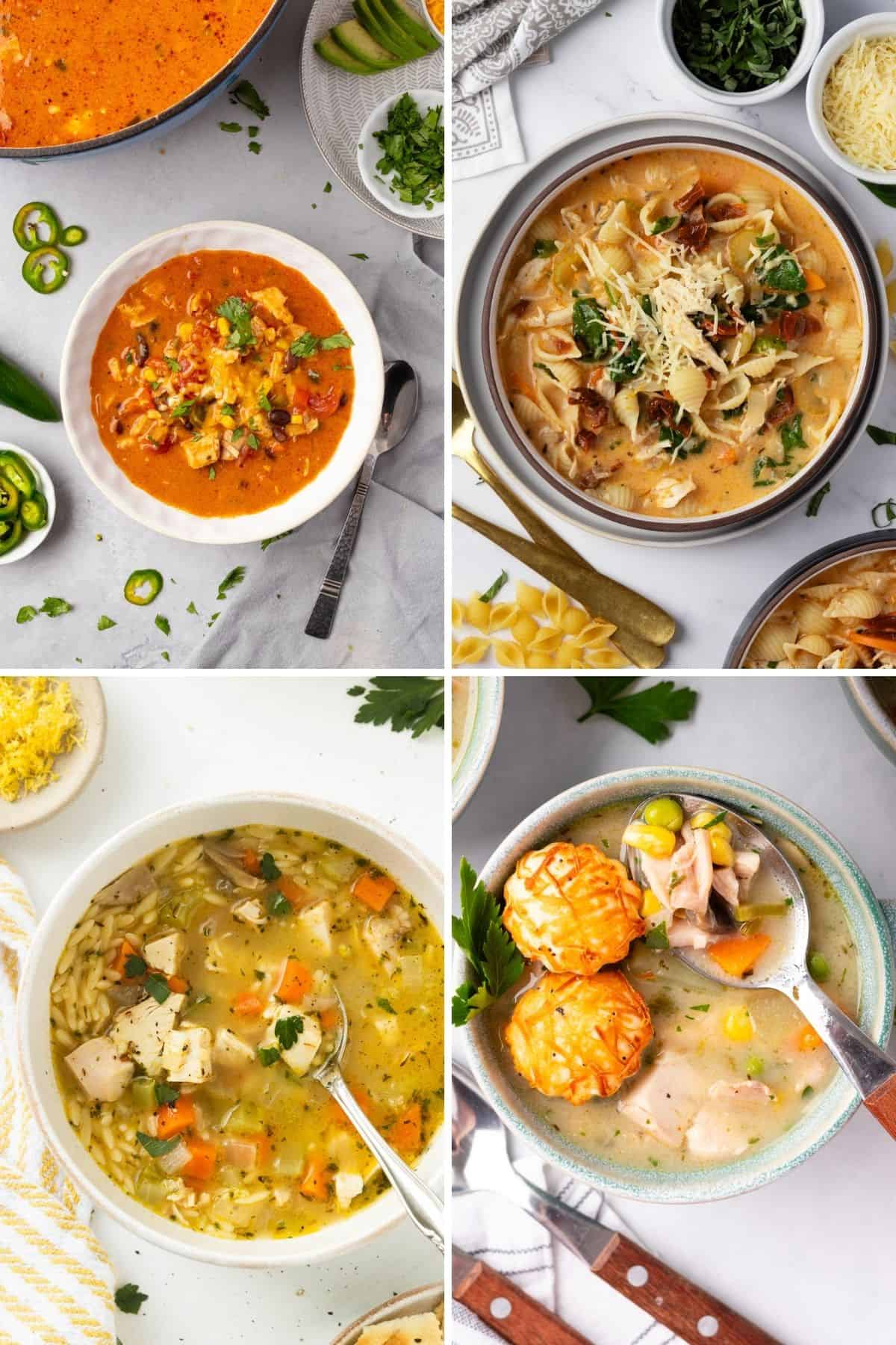 Four bowls of soups made with rotisserie chicken in a collage.