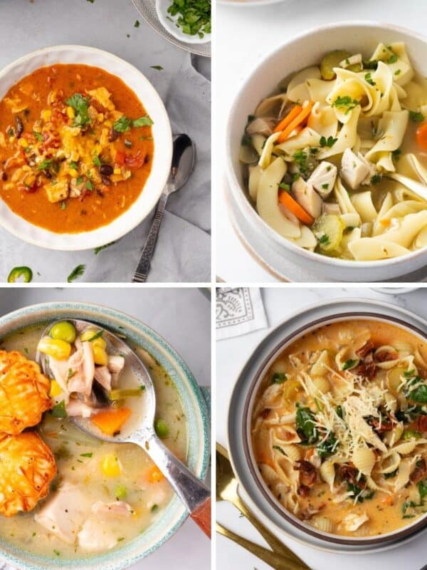 A collage of four different rotisserie chicken soup recipes.