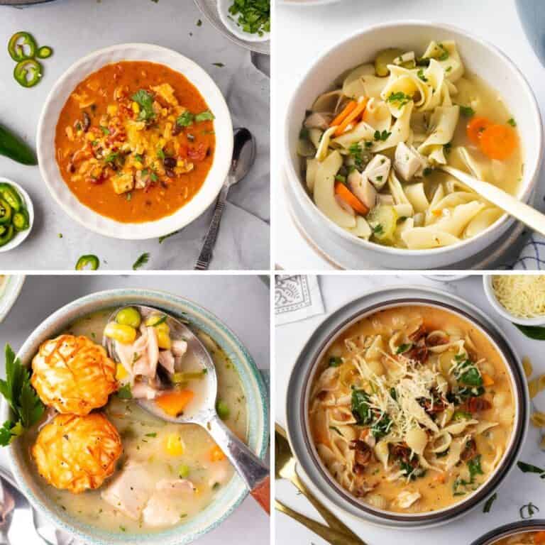 A collage of four different rotisserie chicken soup recipes.