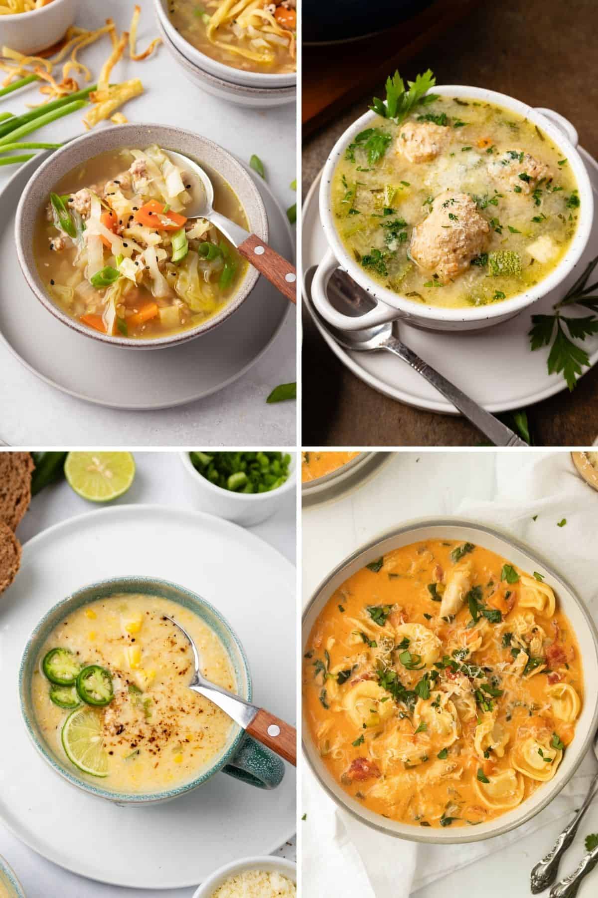 A collage of four quick recipe recipes including egg roll soup, meatball soup, corn soup, and tortellini soup.