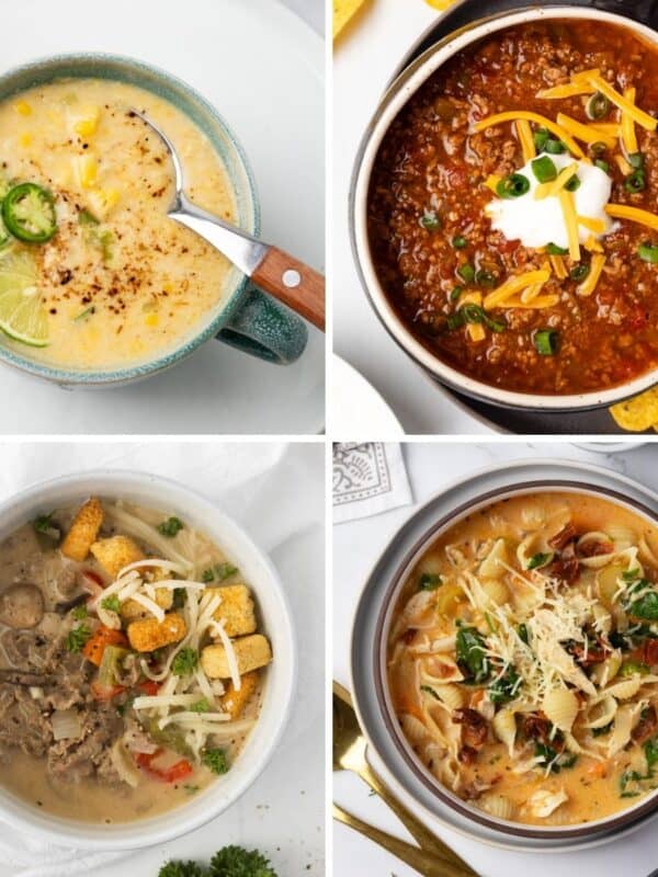 A collage of four quick soups from corn soup and cheesesteak soup to a chili and pasta soup.