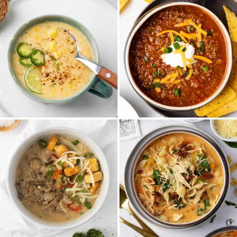 A collage of four quick soups from corn soup and cheesesteak soup to a chili and pasta soup.