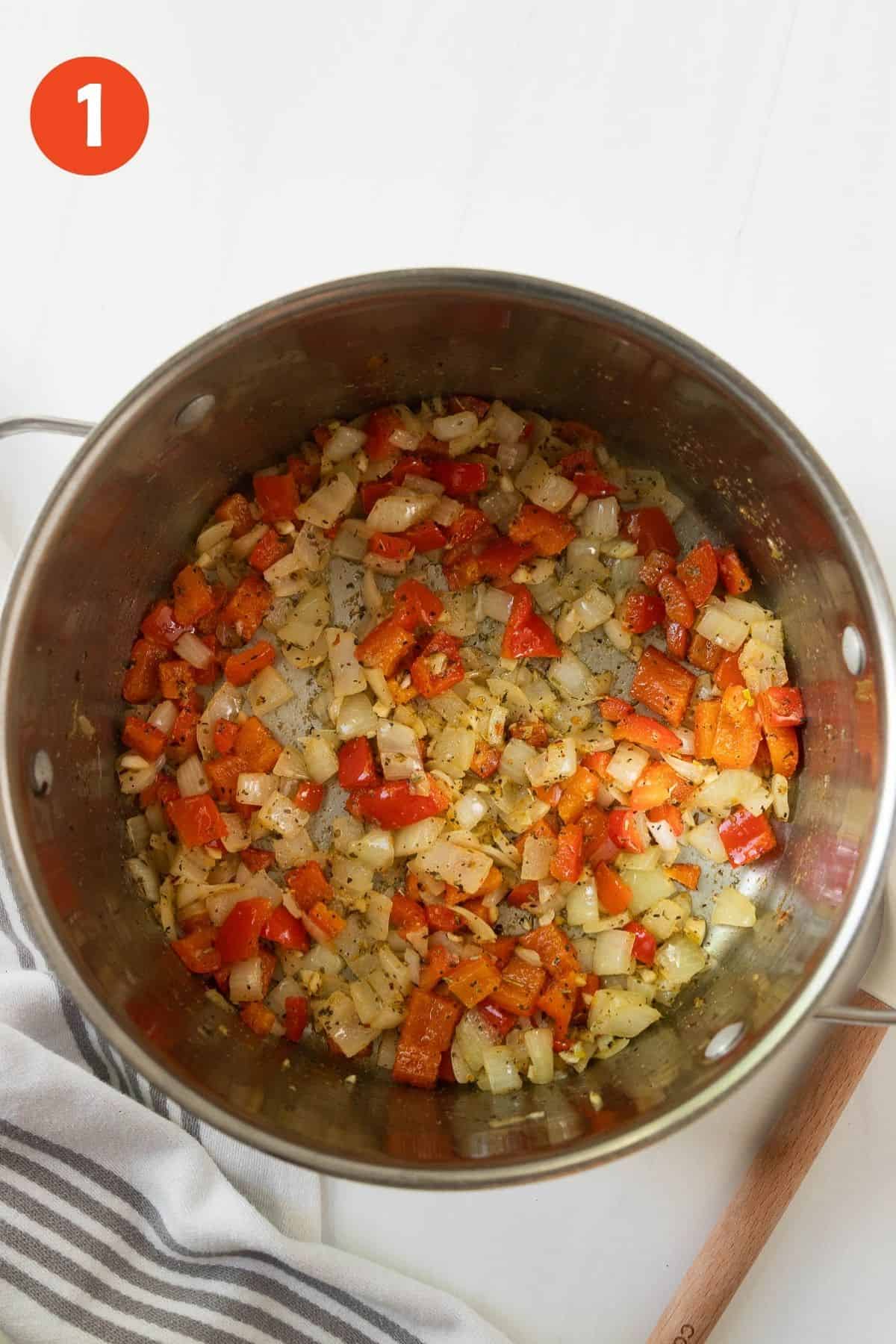 Vegetables cooking in a pot.